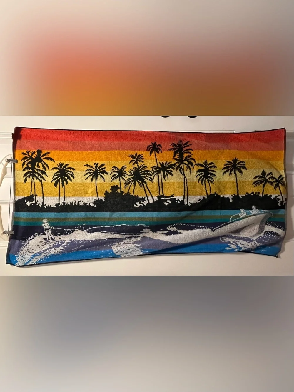 Vintage 1980s Jay Franco Surfer Beach Towel Retro Neon Sunset Palm Trees 27x53.5
